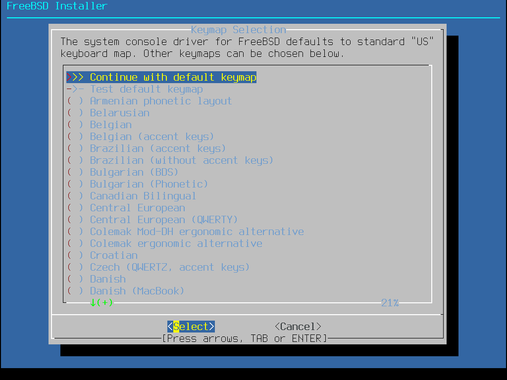 Keymap selection menu showing all supported keyboards