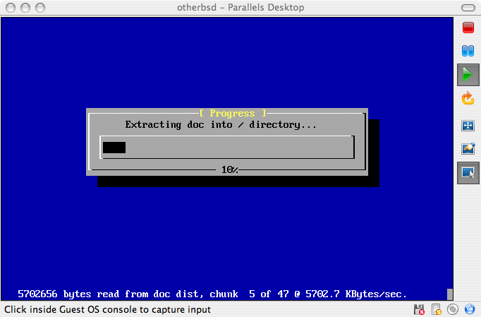 Parallels showing a snippet of the FreeBSD installation process