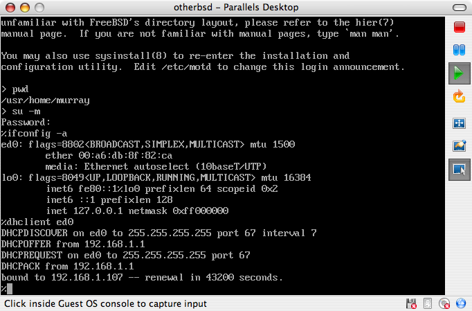 Parallels showing the boot of FreeBSD