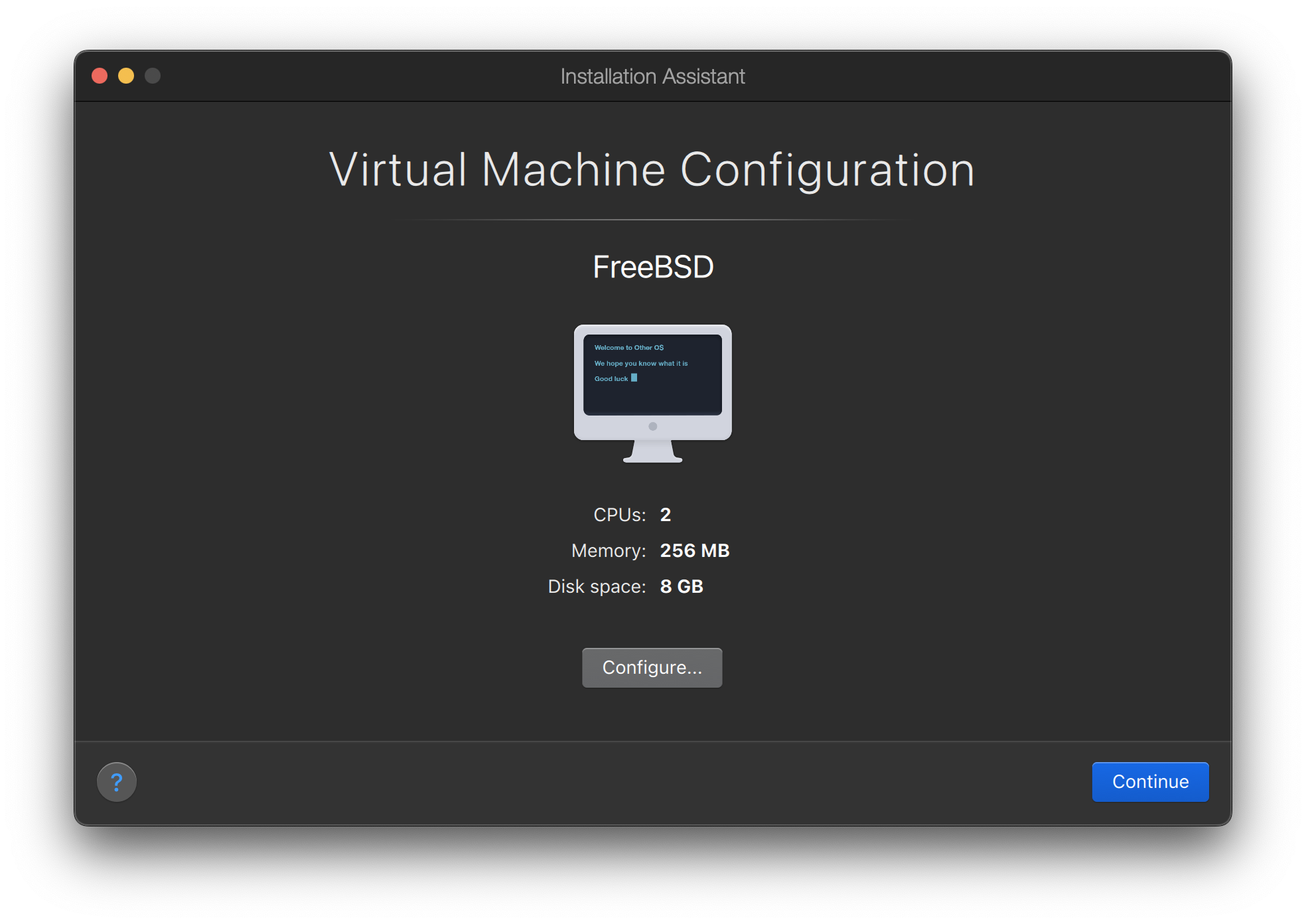 Parallels setup wizard showing the summary of the new virtual machine